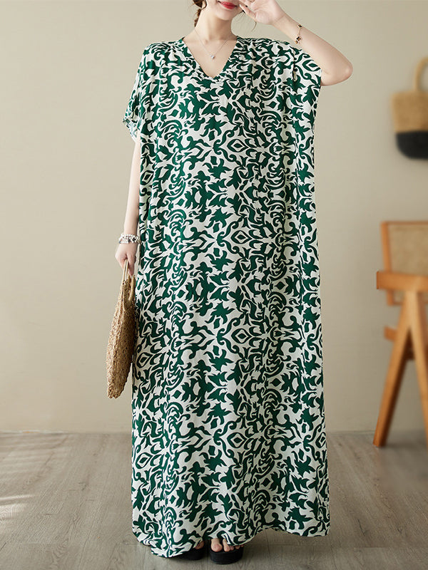 Floral Printed Batwing Sleeves Loose V-Neck Maxi Dresses