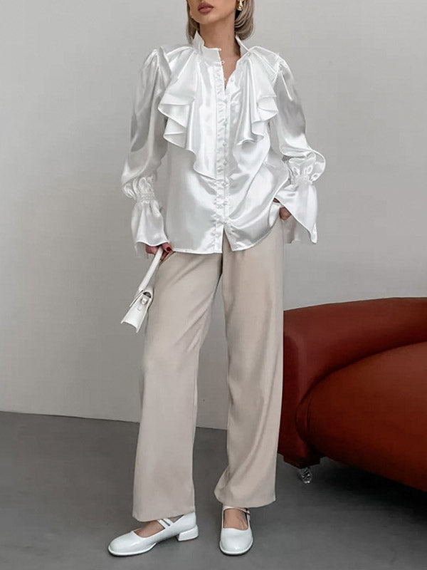 Falbala Solid Color Split-Joint Flared Sleeves Loose Stand Collar Blouses&Shirts Tops
