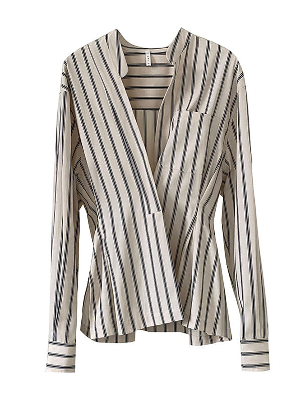 Original Creation Loose Long Sleeves Striped V-Neck Blouses&Shirts Tops