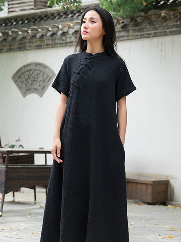 Frog Stand Collar Short Sleeve Loose Long Cheongsam