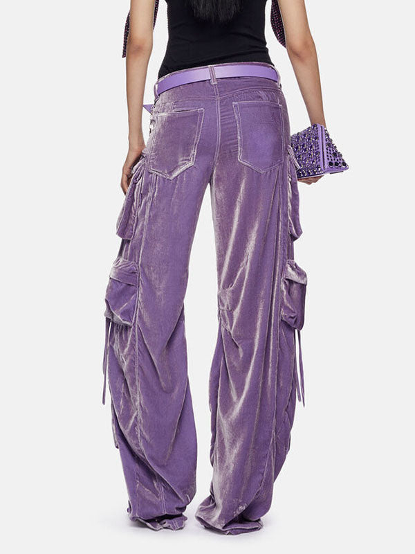 No Belt Pockets Solid Color High Waisted Loose Trousers Pants