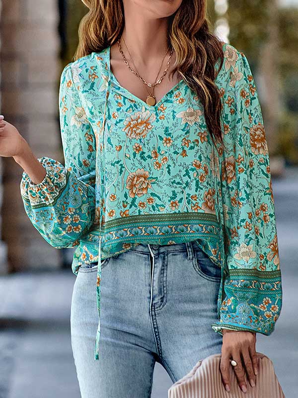 Elasticity Flower Print Tied Long Sleeves Loose V-Neck Blouses&Shirts Tops