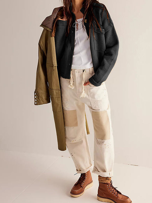 Buttoned Pockets Solid Color Split-Joint Long Sleeves Loose Stand Collar Cardigan Tops