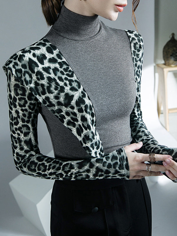 Leopard Split-Joint Long Sleeves Skinny High-Neck T-Shirts Tops