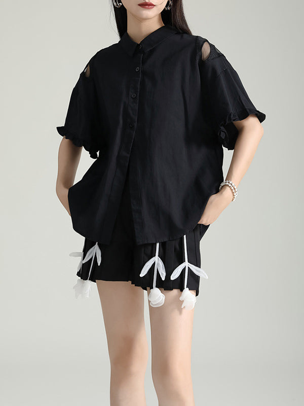 Buttoned Mesh Reversible See-Through Split-back Split-Joint Half Sleeves Loose Lapel Blouses&shirts Tops