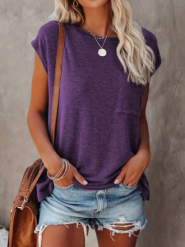 Solid Color Loose Short Sleeves Round-Neck T-Shirts Tops