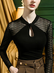 Hollow Jacquard Solid Color Split-Joint Long Sleeves Plus Size Round-Neck T-Shirts Tops