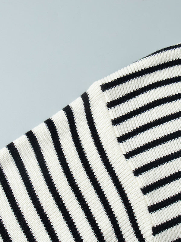 Split-Joint Striped Long Sleeves Loose Lapel Sweater Tops