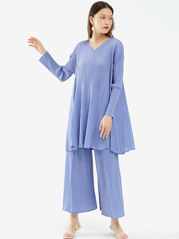 Urban Pleated Solid Color V-Neck Long Sleeves T-Shirt&Flared Pantstwo Pieces Set