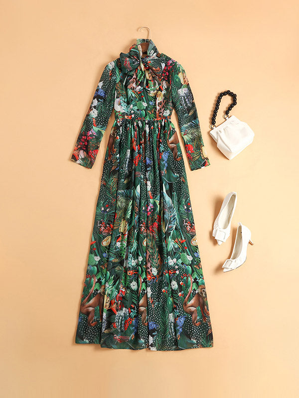 Bowknot Elasticity Flower Print Zipper High Waisted Long Sleeves Round-neck Maxi Dresses
