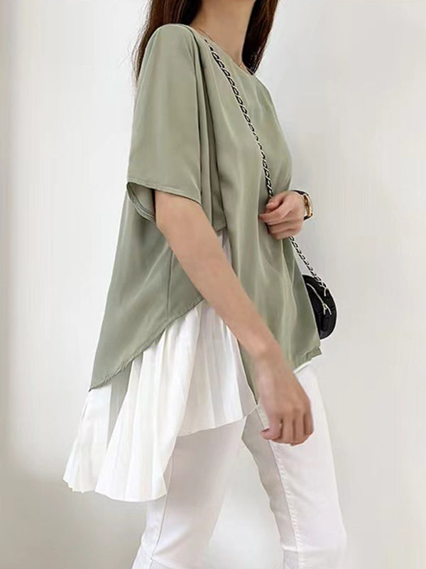 Pleated Split-Joint High-Low Loose Round-Neck T-Shirts Tops