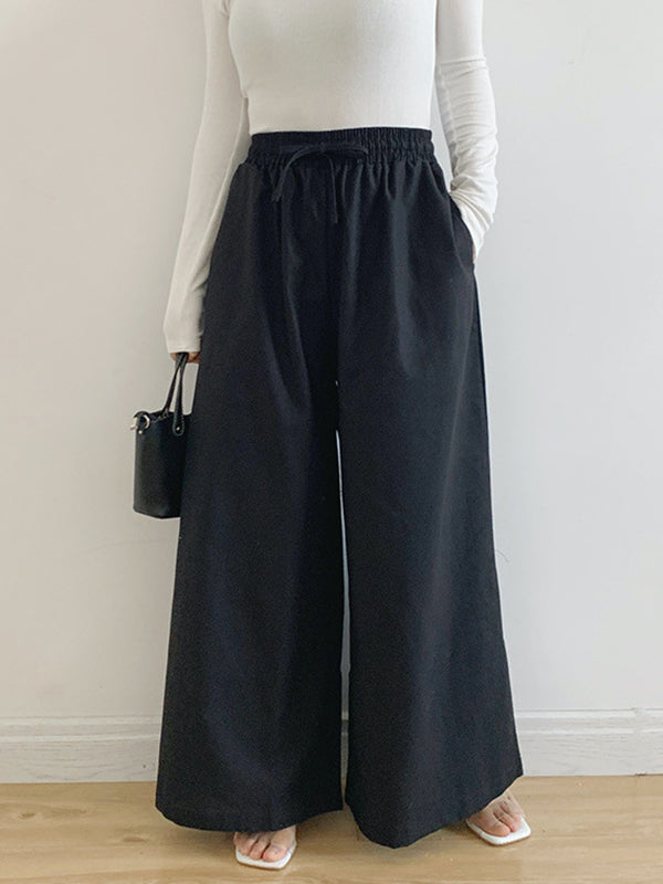 Drawstring Elasticity Pockets Solid Color High Waisted Loose Trousers Pants