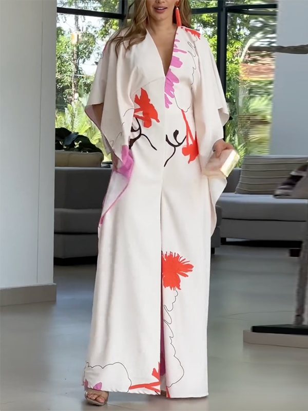 Printed Loose Wide Leg V-neck Jumpsuits