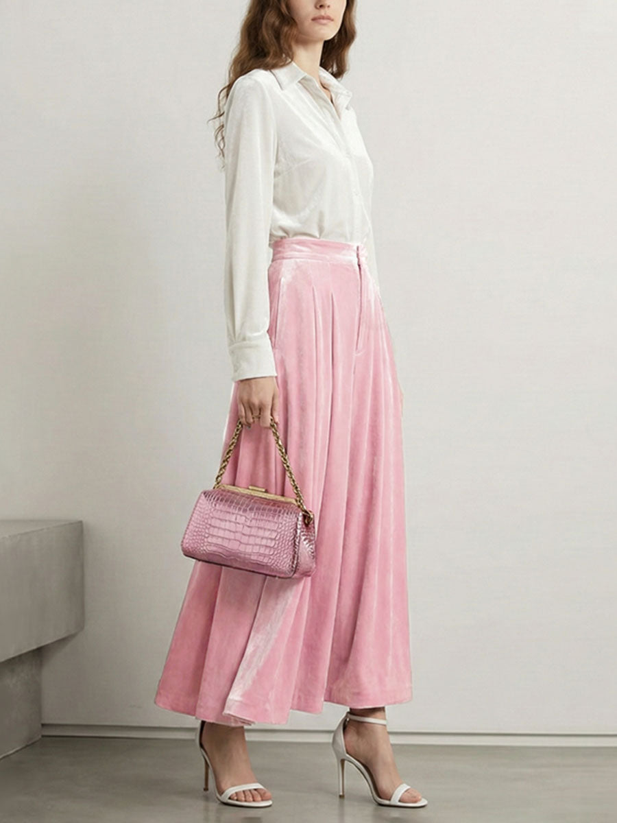Elasticity Pleated Pockets Solid Color High Waisted Skirts Bottoms