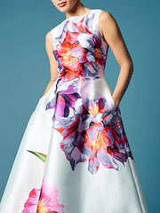 Flower Print Pockets A-Line High Waisted Round-Neck Midi Dresses