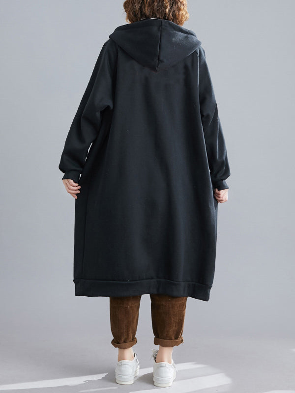 Casual Loose Long Sleeves Solid Color Hooded Outerwear