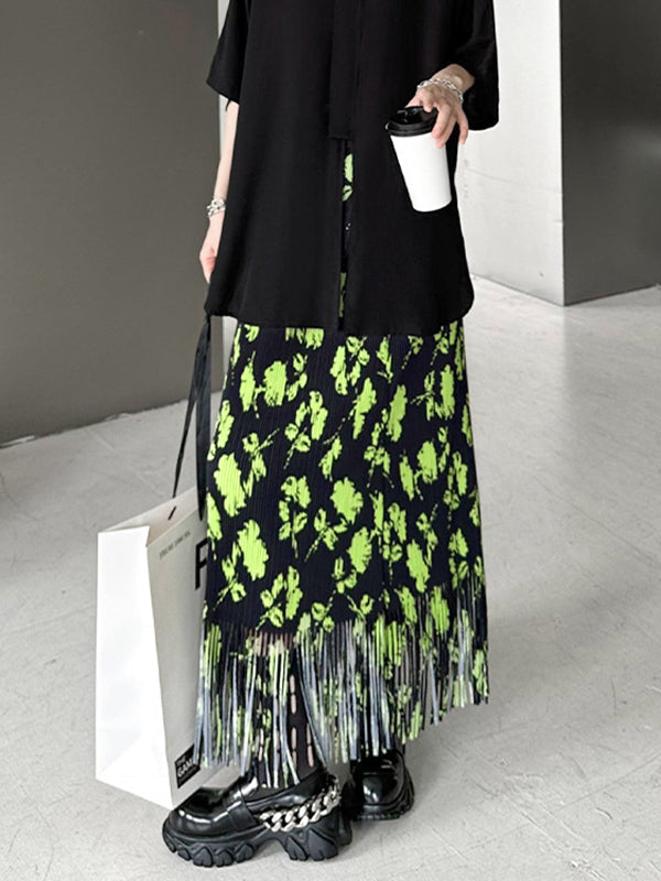 Pleated Printed Split-Joint Tasseled High Waisted H-Line Skirts