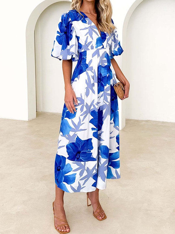 Flower Print Pleated Split-Joint Zipper A-line High Waisted V-neck Midi Dresses