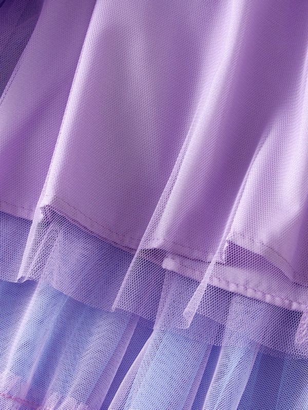 Contrast Color Elasticity Gauze Gradient Pleated Split-Joint Tiered A-Line High-Low Skirts