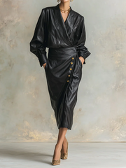 Long Sleeves Puff Sleeves Buttoned Pleated Solid Color V-Neck Midi Dresses