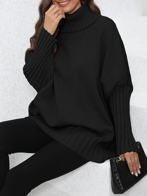 Pleated Solid Color Split-Joint Long Sleeves Loose High Neck Sweater Tops