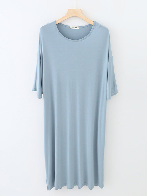 Solid Color Split-Joint High Waisted Loose Round-Neck Pajama Dress