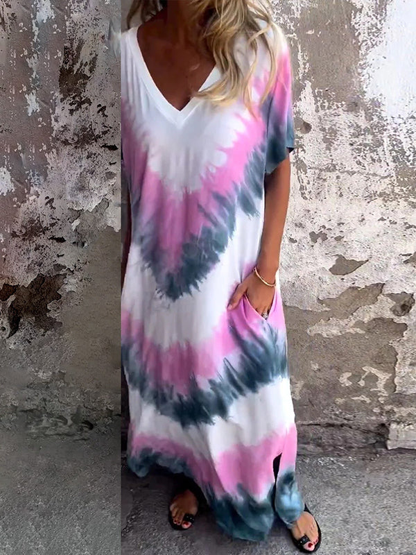 Contrast Color Pockets Tie-dyed A-line Loose V-neck Maxi Dresses