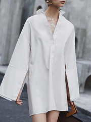 Buttoned Solid Color Long Sleeves Loose Lapel Shirt Dress Mini Dresses
