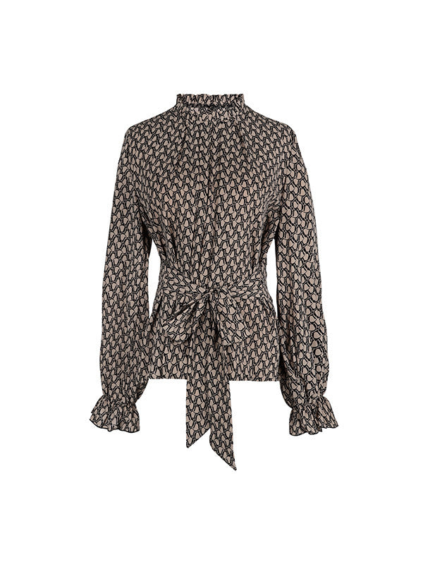 Bandage Belted Leopard Printed Long Sleeves Round-Neck Blouses&Shirts Tops