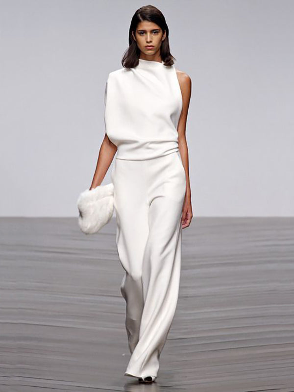 Urban Asymmetric Solid Color One Shoulder Top And Pants Set