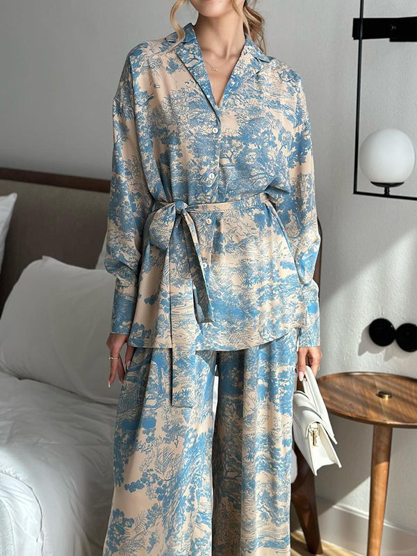 Printed Long Sleeves Buttoned Tied Waist Notched Collar Shirts Top + High Waisted Pants Bottom Two Pieces Set