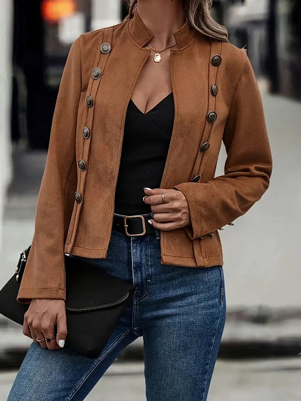 Buttoned Solid Color Long Sleeves Loose Adjustable Straps Outerwear Jackets