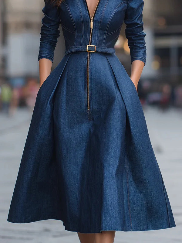 Belted Pleated Pockets Zipper A-Line High Waisted Lapel Midi Dresses