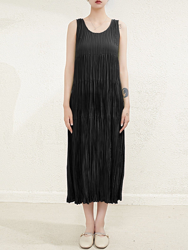 Pleated Solid Color Split-Joint Loose Sleeveless Round-Neck Midi Dresses