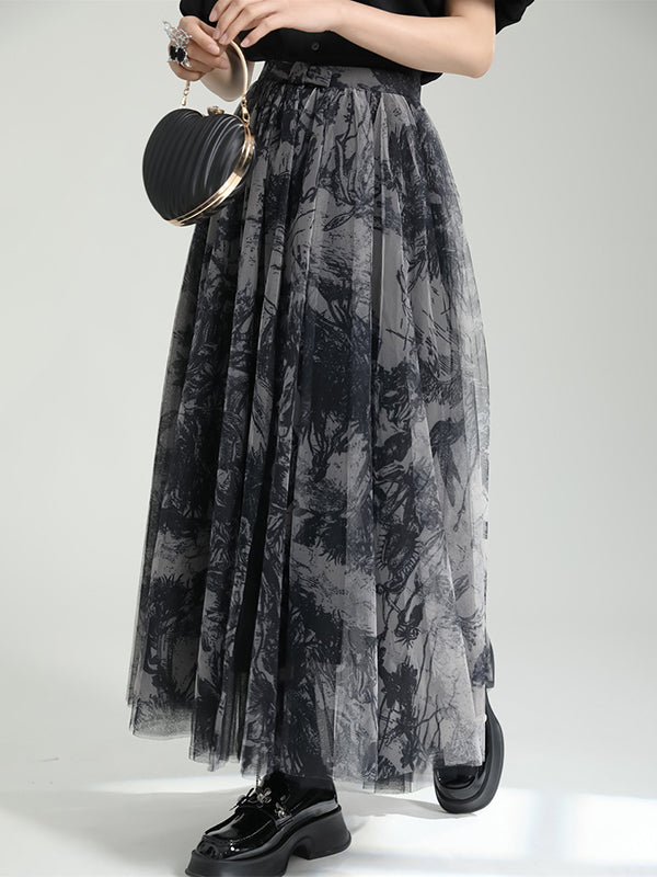 Gauze Pleated Printed Split-Joint A-Line Loose Skirts