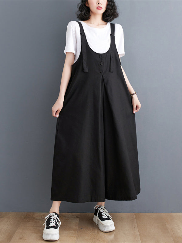 Buttoned Solid Color Ninth Pants Wide Leg Spaghetti-Neck Overalls