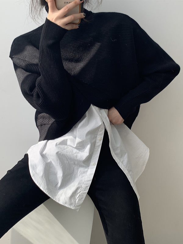 Asymmetric Solid Color Split-Front Long Sleeves High-Neck Sweater Pullovers Knitwear