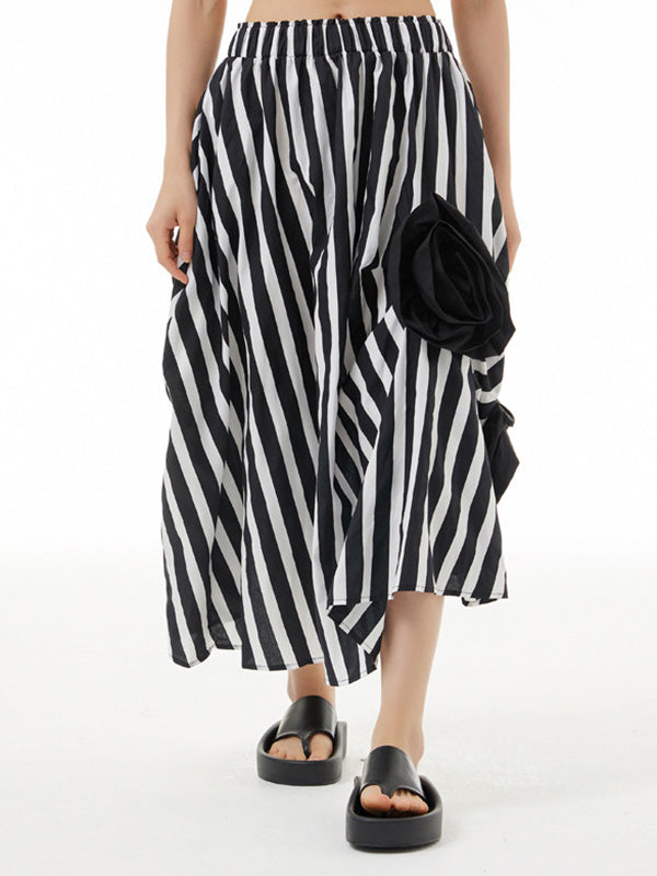Asymmetric Contrast Color Elasticity Striped Three-Dimensional Flower Loose Skirts Bottoms