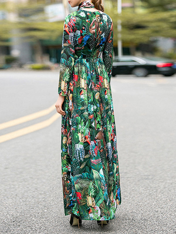 Bowknot Elasticity Flower Print Zipper High Waisted Long Sleeves Round-neck Maxi Dresses