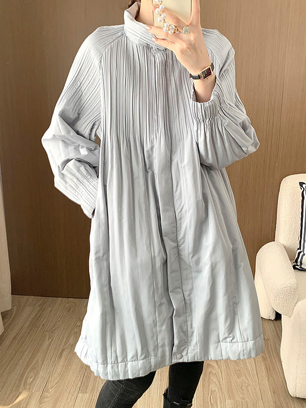 Pleated Quilted Solid Color Zipper Long Sleeves Loose Asymmetric Collar Padded Coat