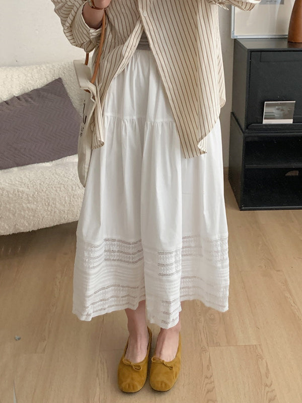 Hollow Solid Color Split-Joint A-Line High Waisted Skirts