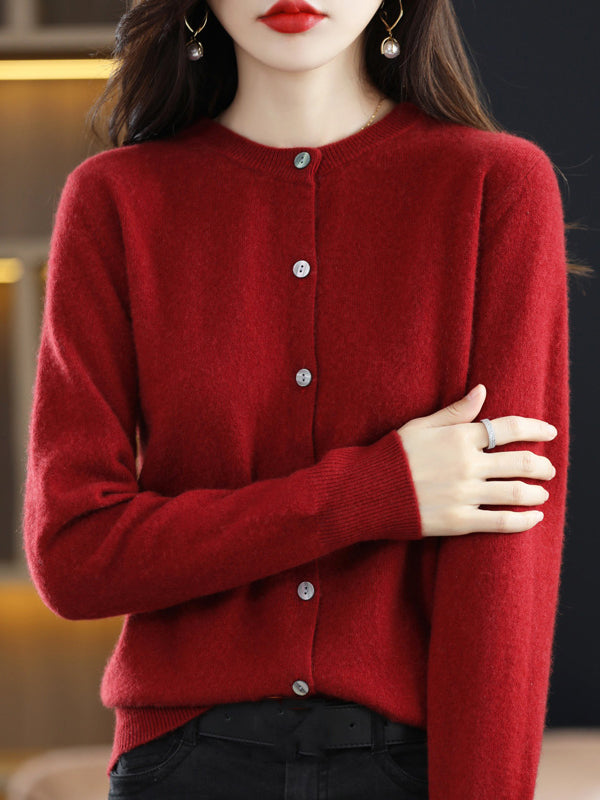 Buttoned Elasticity Long Sleeves Round-Neck Knitwear Cardigan Tops