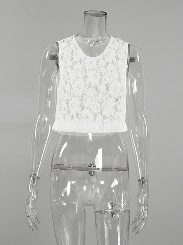 Hollow Solid Color Loose Sleeveless Lapel Vest Top