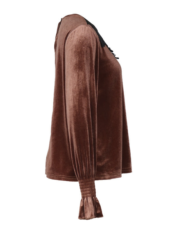 Elasticity Hollow Split-Joint Velvet Flared Sleeves Long Sleeves Round-Neck T-Shirts Tops