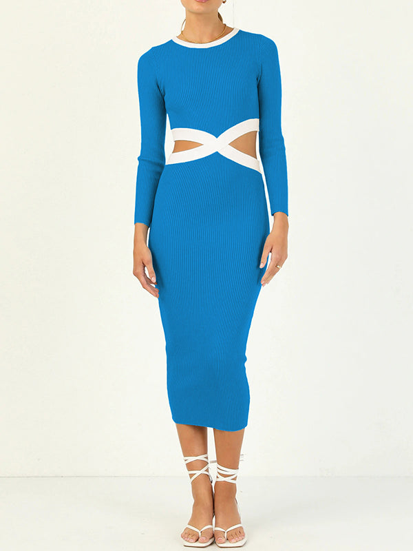 Hollow High Waisted Long Sleeves Round-Neck Midi Dresses