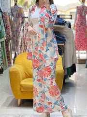 Lapel Long Sleeves Buttoned Flower Print Shirts Top +High Waisted Pants Bottom Two Pieces Set