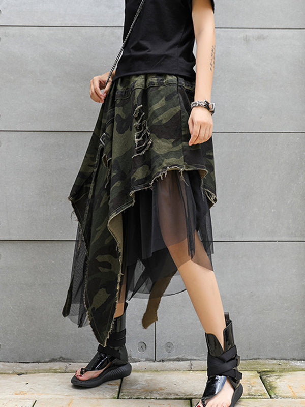 Asymmetric Camouflage Elasticity Fringed Mesh Split-Joint A-Line Loose Skirts Bottoms