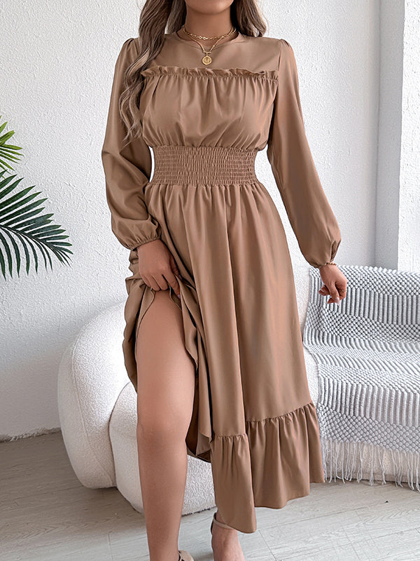 Pleated Solid Color A-Line Elasticated Waist Round-Neck Maxi Dresses