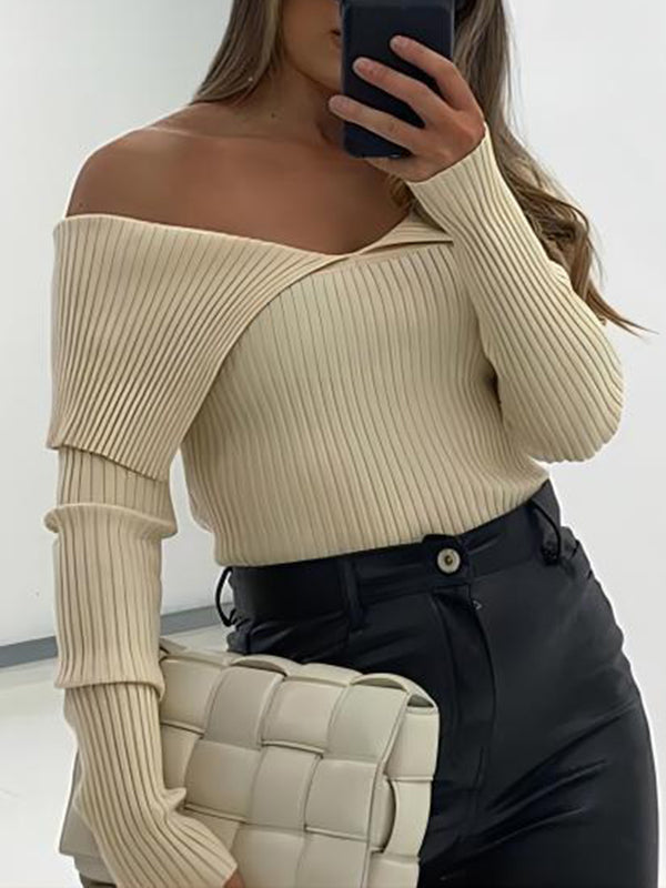 Solid Color Long Sleeves Skinny Off-The-Shoulder Sweater Tops