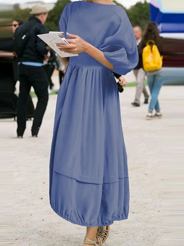 Elasticity Pleated Solid Color Split-Joint Zipper Half Sleeves Loose Boat Neck Maxi Dresses